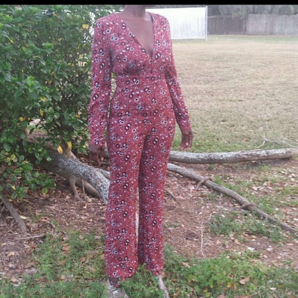 Vintage Free People Jumpsuit Floral Boho Red 6 Retro Romper Hippie - Picture 5 of 5